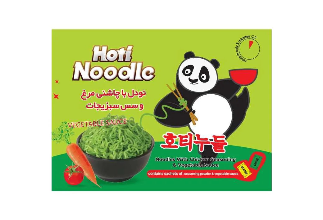 Hoti Noodle نودل با چاشنی مرغ و سس سبزیجات VEGETABALE SAUCE Noodles With Chiken Seasoning &Vegetable Sauce contains sachets of :seasoning powder &vegetabel sause ready in only 3 minutes